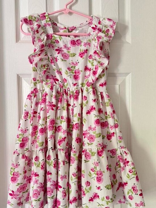 Other - Floral Ruffle Shoulder Tiered Summer Dress Pink Green White